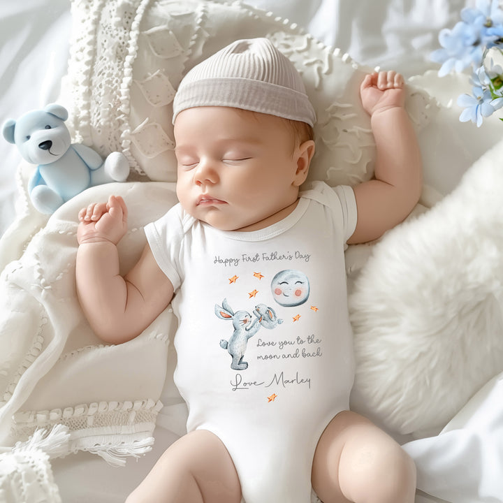 Personalised baby onesie for Father’s Day with bunny and moon design