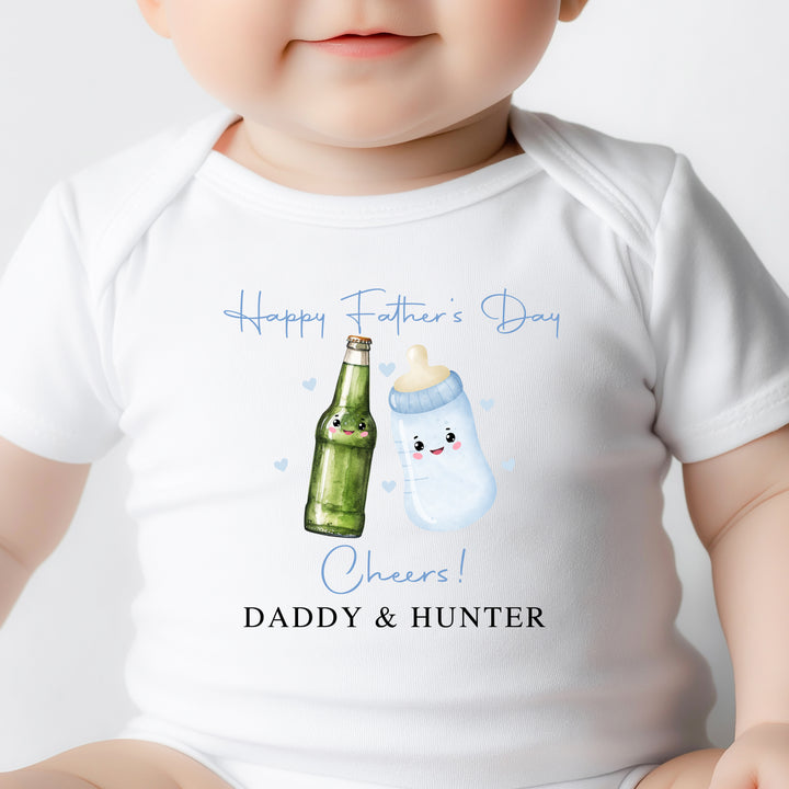Cute baby outfit for Dad’s first Father’s Day with beer and baby bottle print