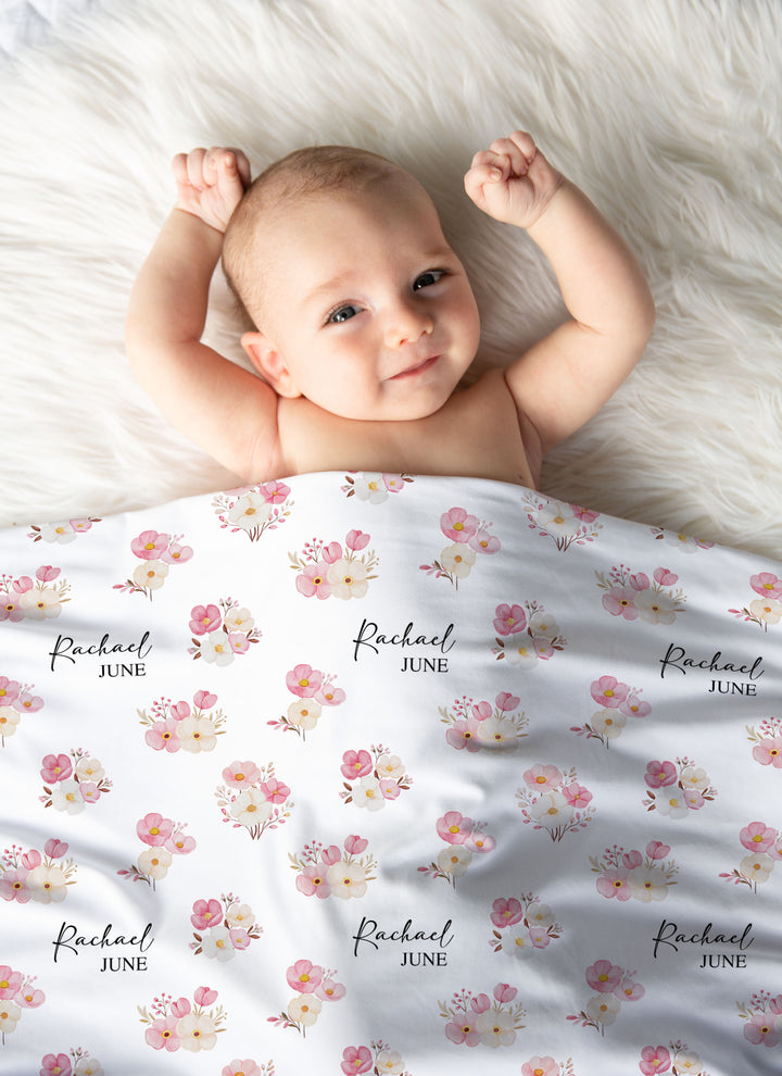 pink floral swaddle blanket with name