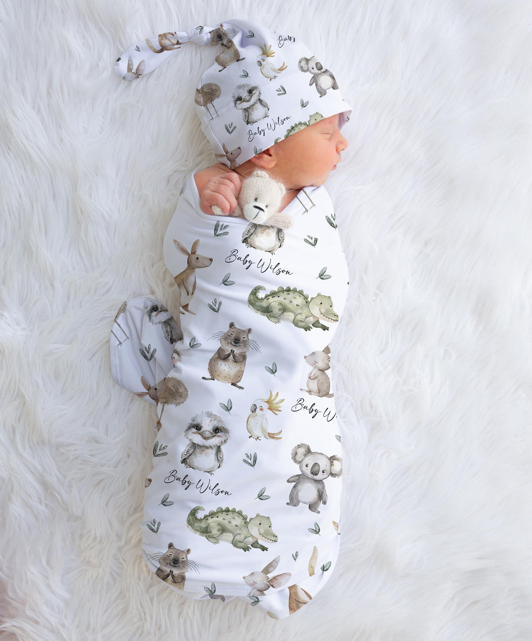 AUSTRALIAN WILDLIFE BABY SWADDLE PERSONALISED WITH NAME
