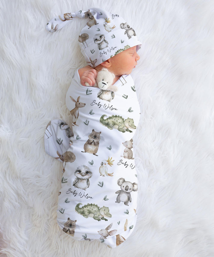 AUSTRALIAN WILDLIFE BABY SWADDLE PERSONALISED WITH NAME