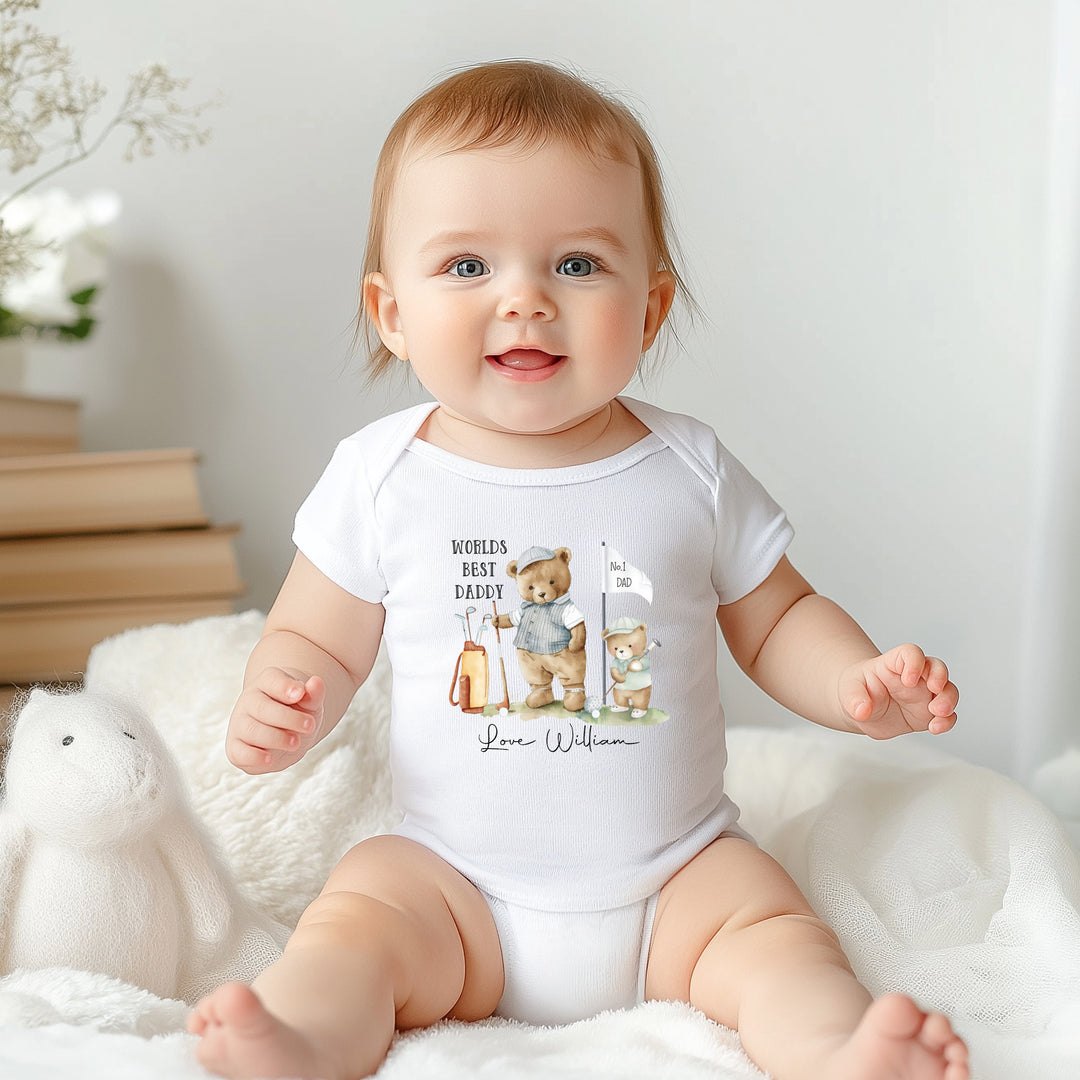 Detail of breathable cotton baby onesie with open shoulder and snap crotch closures for easy dressing and nappy changes