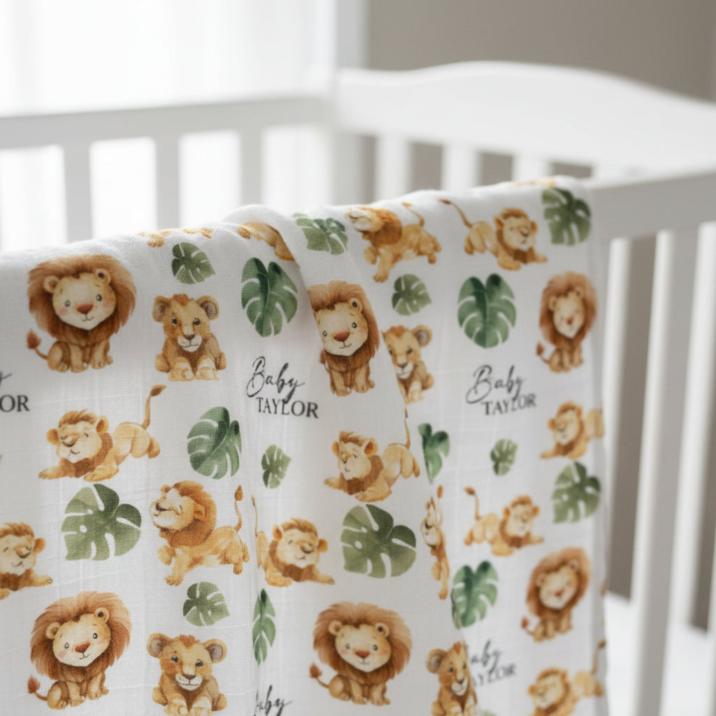 Personalised custom muslin swaddle wrap with baby name, soft breathable fabric, 120x120cm size for newborns and babies