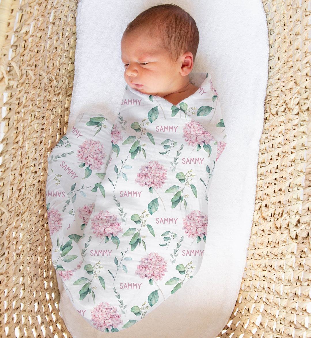 Personalised muslin swaddle wrap with baby name, soft breathable fabric, 120x120cm size for newborns