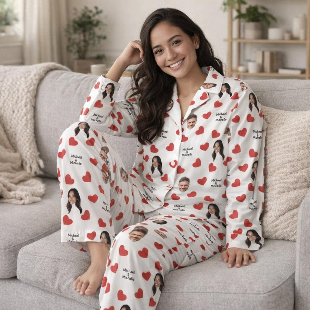 Personalised face and name print detail on Valentine’s pyjamas