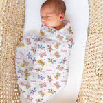 Personalised muslin swaddle wrap with baby name, soft breathable fabric, 120x120cm size, ideal for newborns and babies.