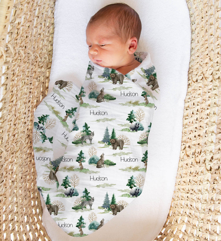 Personalised muslin swaddle wrap with baby name, soft breathable fabric, 120x120cm size for newborns.