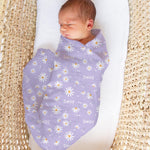 Personalised muslin swaddle wrap with baby’s name, soft breathable fabric, 120x120cm size for newborns and babies.