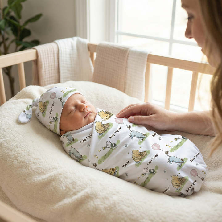 Personalised baby swaddle and beanie set made from soft stretch poly fabric for comfort and style