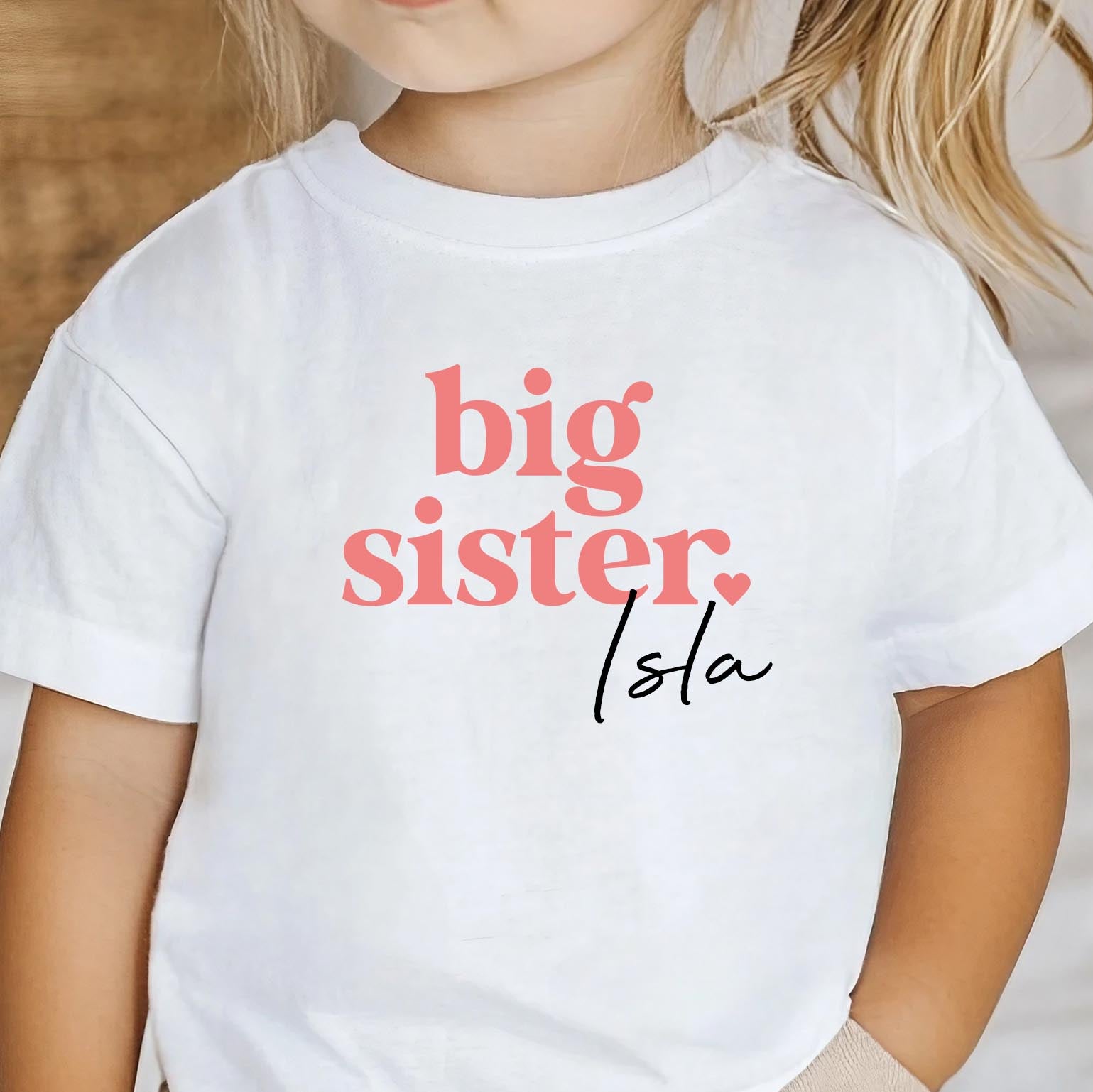 White Big Sister T-Shirt for toddler girls – 100% cotton, breathable fabric, ideal for pregnancy announcements and sibling reveal gifts
