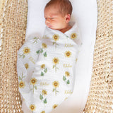 Personalised muslin swaddle wrap with baby name, soft breathable fabric, 120x120cm size for newborns and babies.