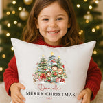 kids cushion Christmas Elves design, personalised festive décor.