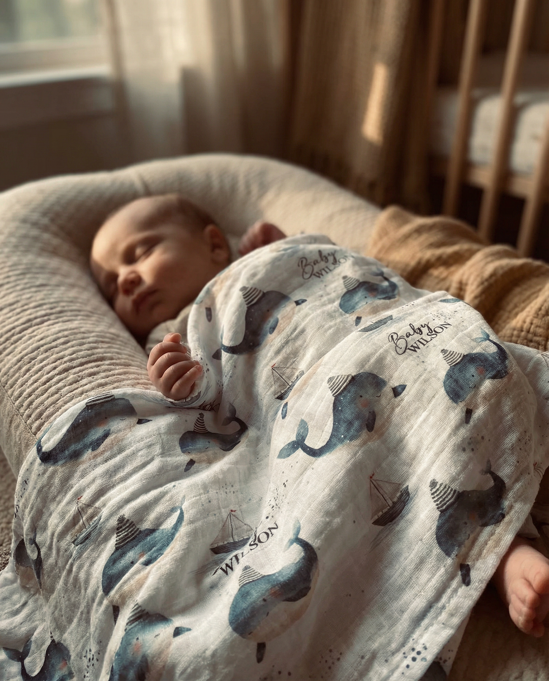 Custom muslin swaddle wrap personalized with baby’s name, soft breathable fabric, 120x120cm size for newborn comfort and daily use