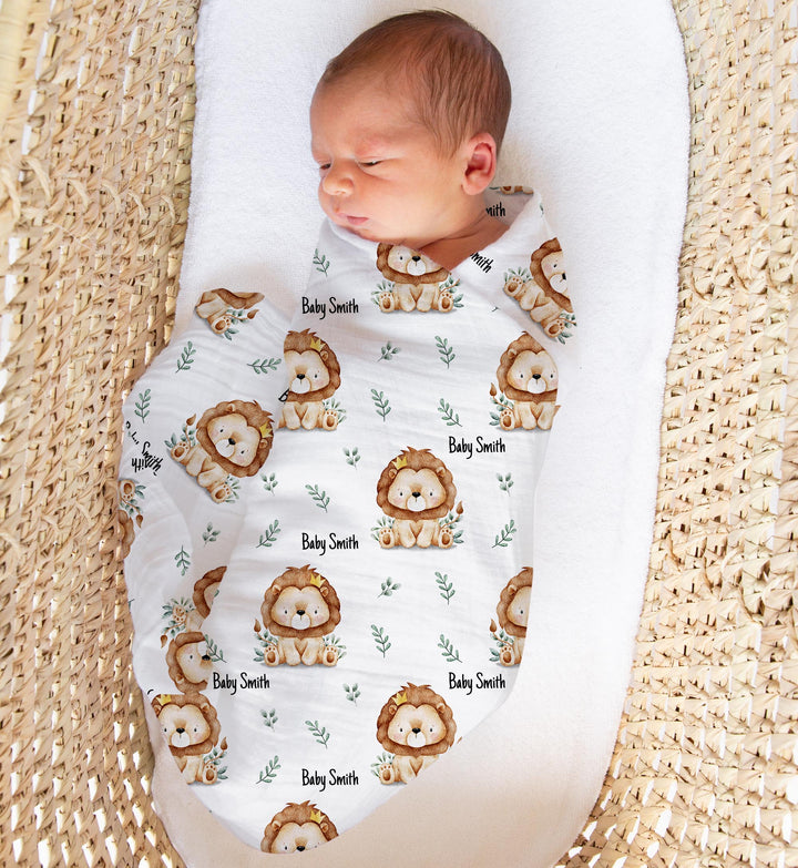 Personalised muslin swaddle wrap with baby name, soft breathable fabric, 120x120cm for newborns and babies