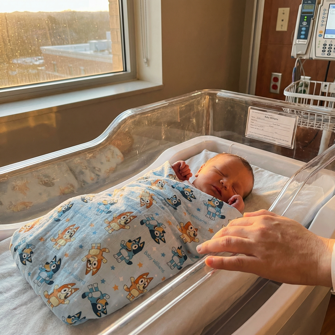 Personalised muslin swaddle wrap with baby name, soft breathable fabric, 120x120cm size.