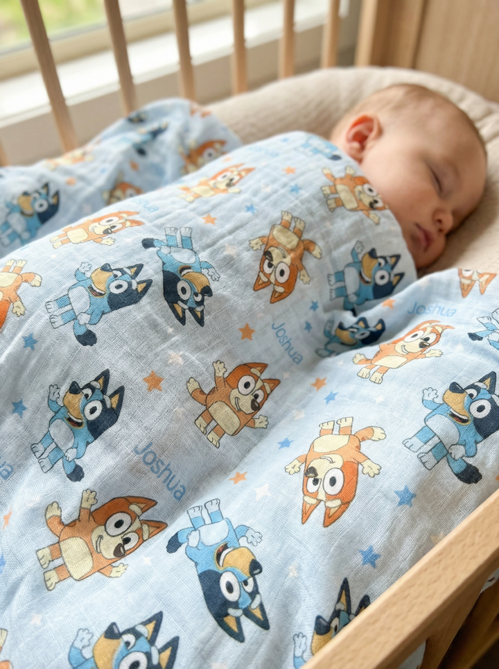 Personalised Muslin Swaddle wrap with baby name, soft breathable fabric, 120x120cm size, ideal for newborn comfort and gifting