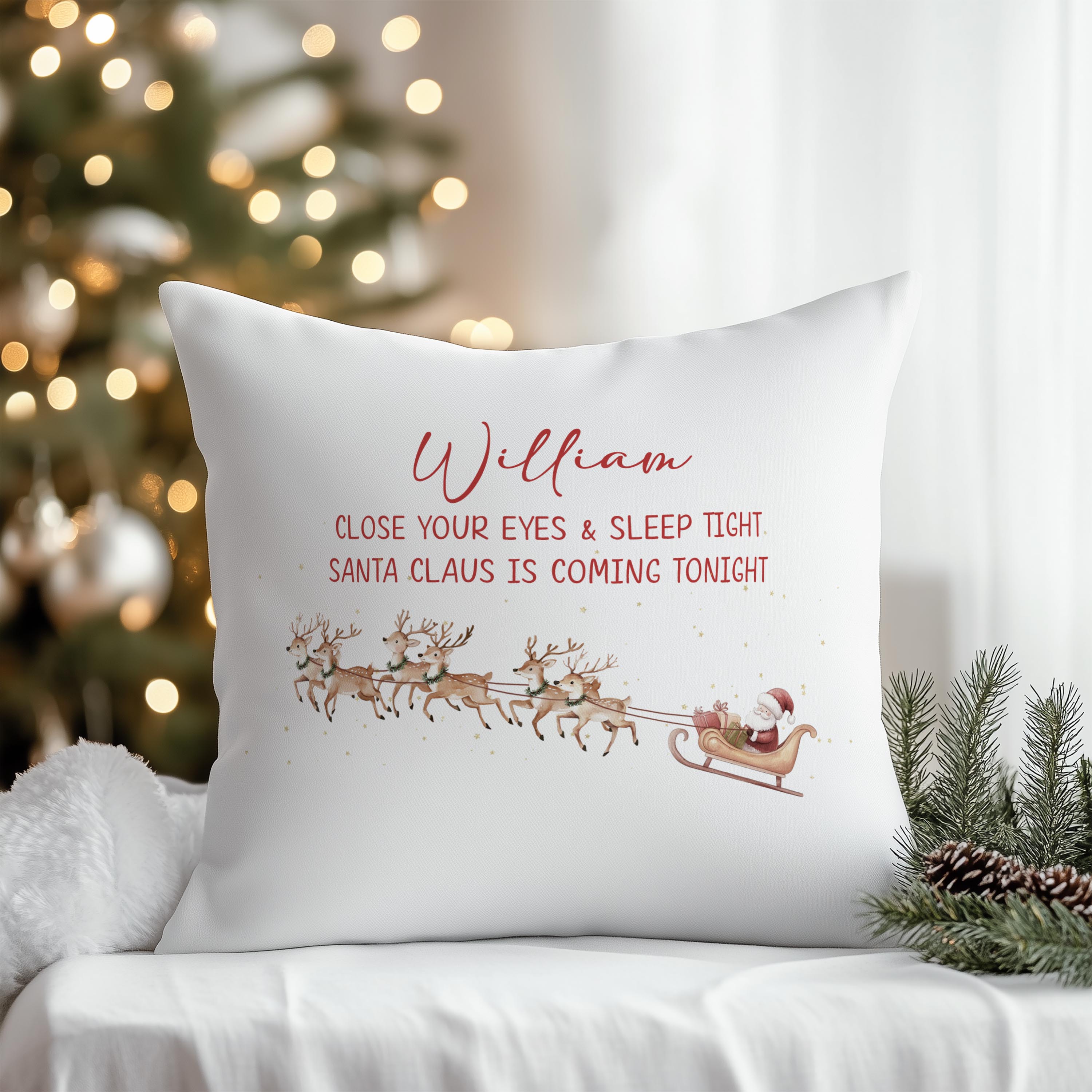 Custom Christmas Eve cushion for kids, Santa design with name.