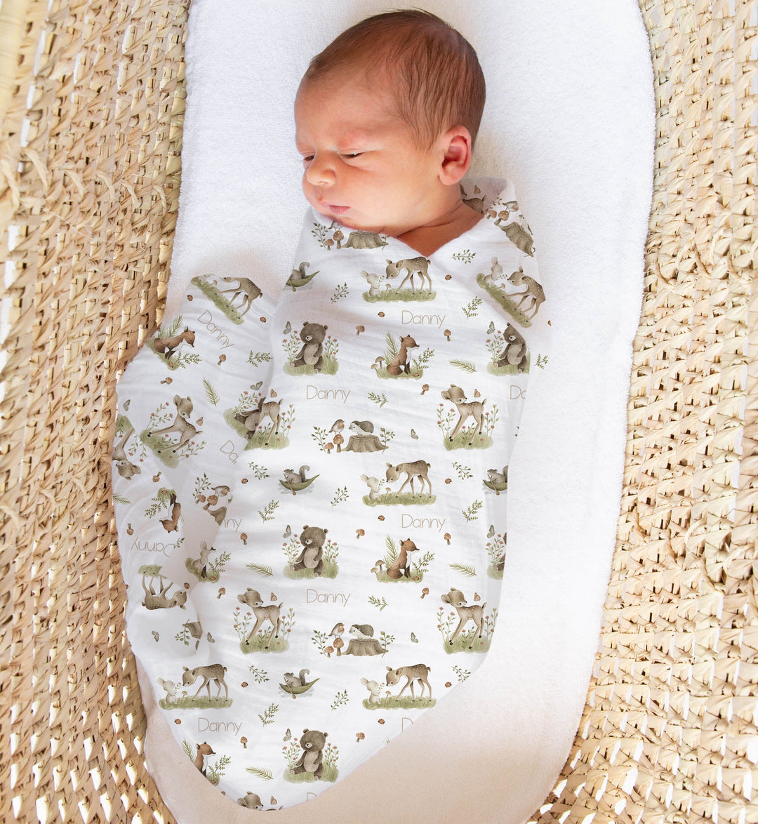 Personalised muslin swaddle wrap with baby’s name, soft breathable fabric, 120x120cm size for newborn comfort and versatility