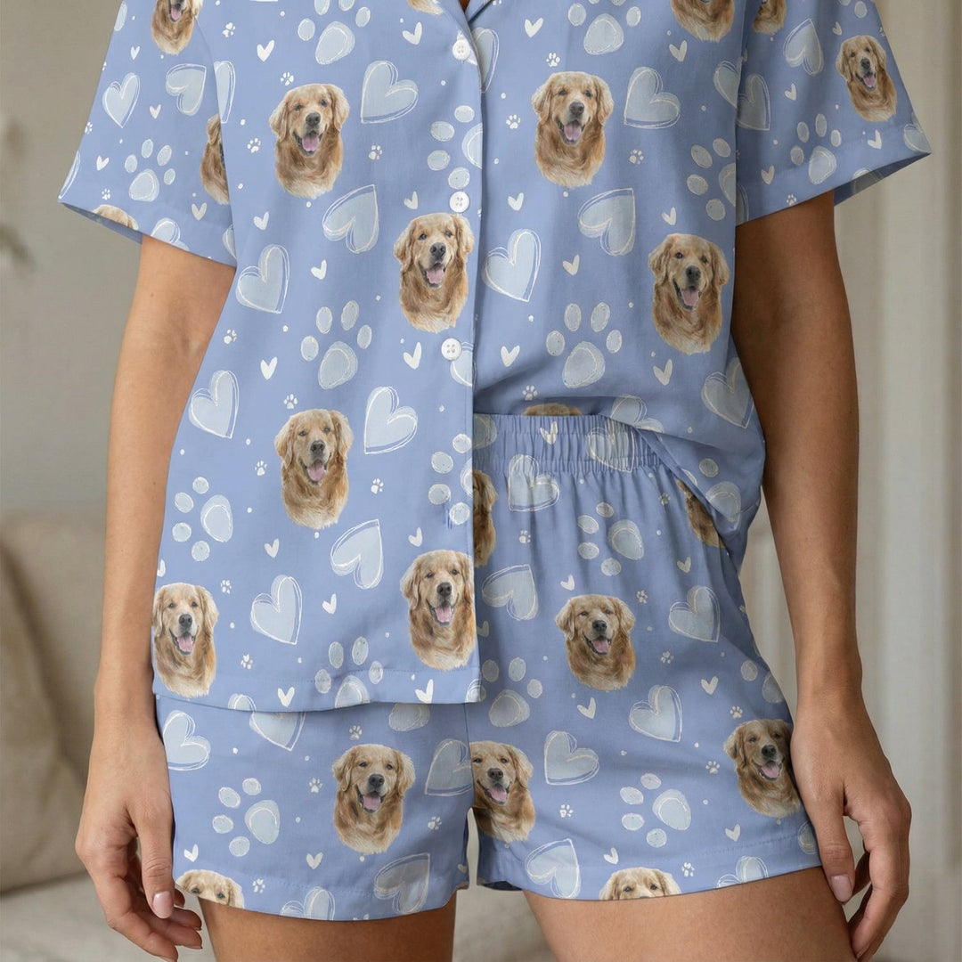 Women’s personalised pet pyjama set with custom dog photo,