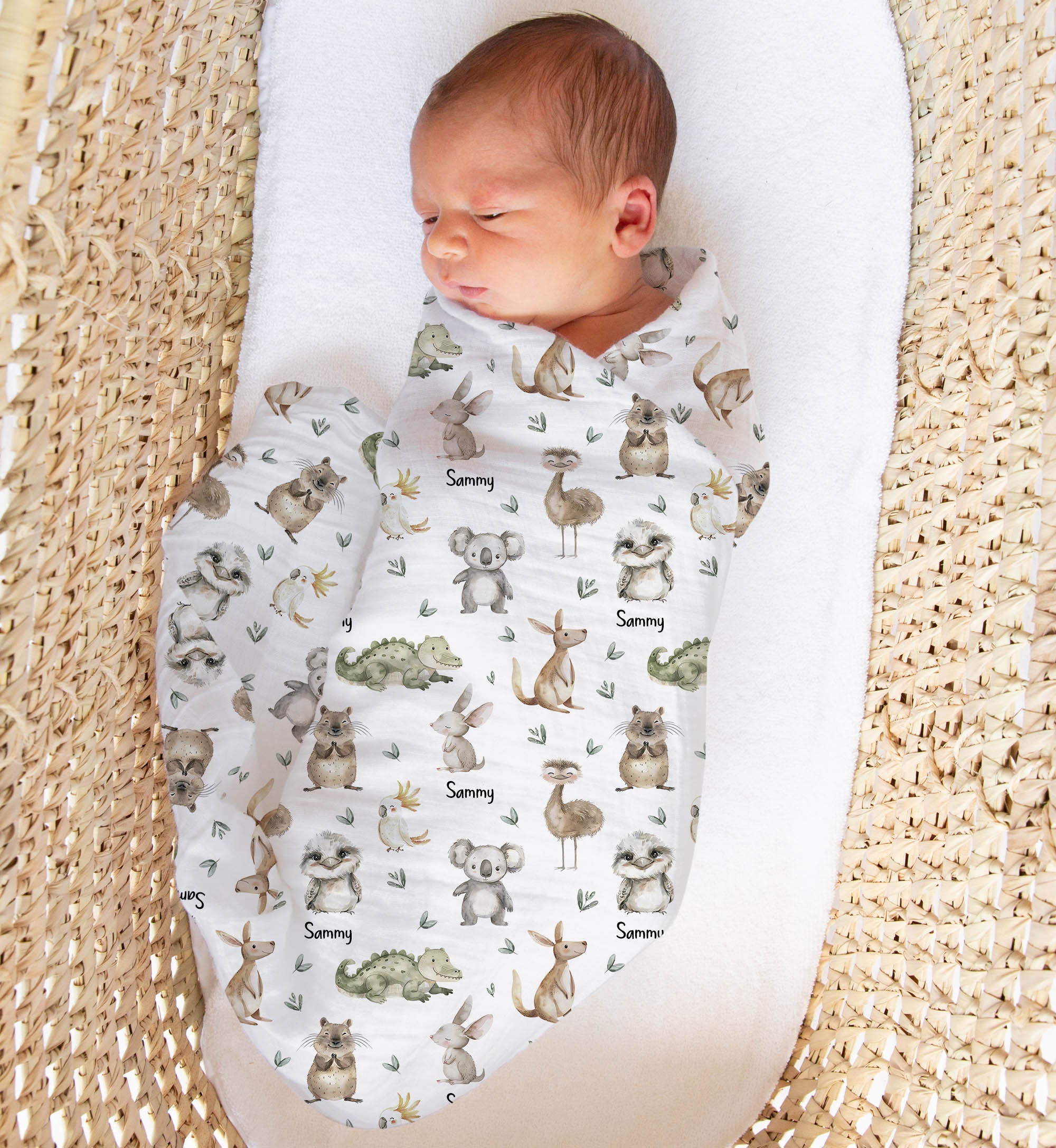 Personalised muslin swaddle wrap with baby name printed, soft breathable fabric, 120x120cm, gentle for newborns and machine washable