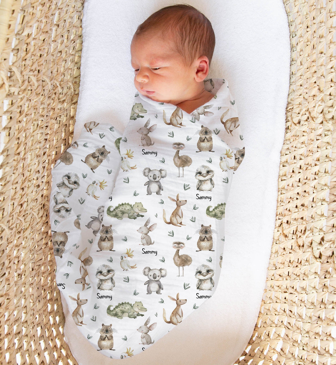Personalised muslin swaddle wrap with baby name printed, soft breathable fabric, 120x120cm, gentle for newborns and machine washable