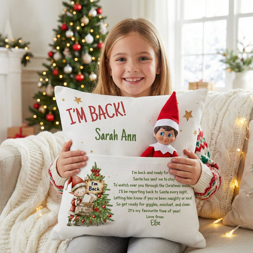 Personalised “I'm Back” Christmas Pillow with elf pocket and child’s name for festive holiday decor