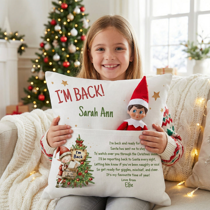 Personalised “I'm Back” Christmas Pillow with elf pocket and child’s name for festive holiday decor