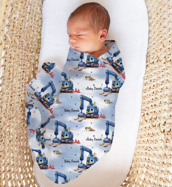 Personalised muslin swaddle wrap with baby name, soft breathable fabric, sized 120x120cm for newborn comfort and gifts