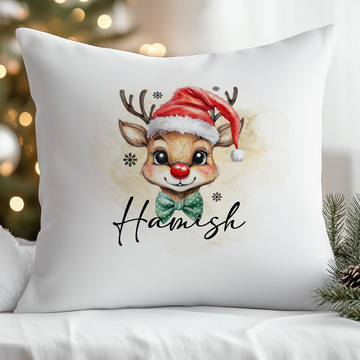 Custom Christmas cushion for boys, Santa and reindeer design with name.