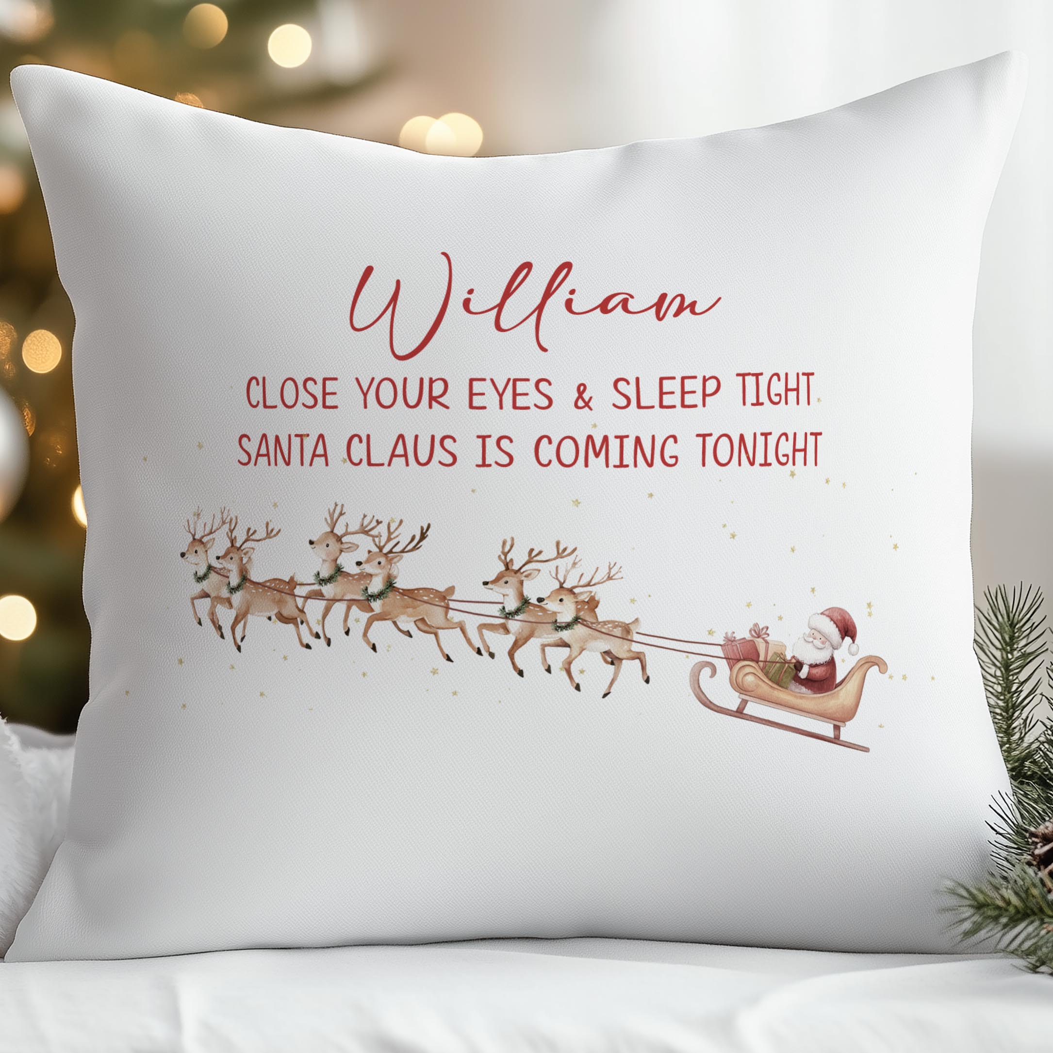 Santa is Coming Tonight personalised Christmas cushion with child’s name