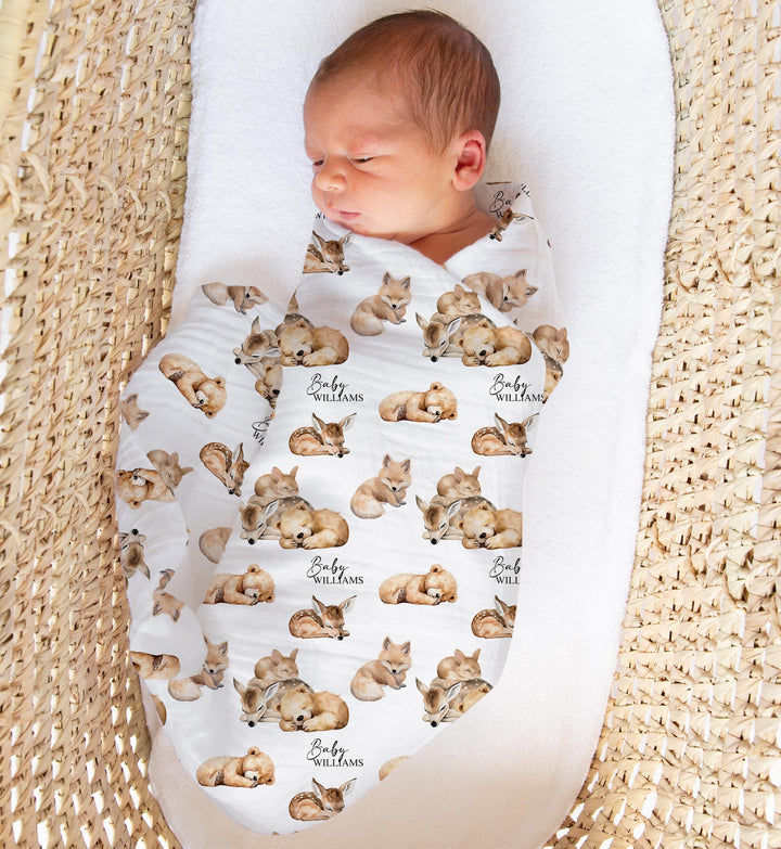 Personalised custom muslin swaddle wrap with baby name, soft breathable fabric, 120x120cm size for newborns
