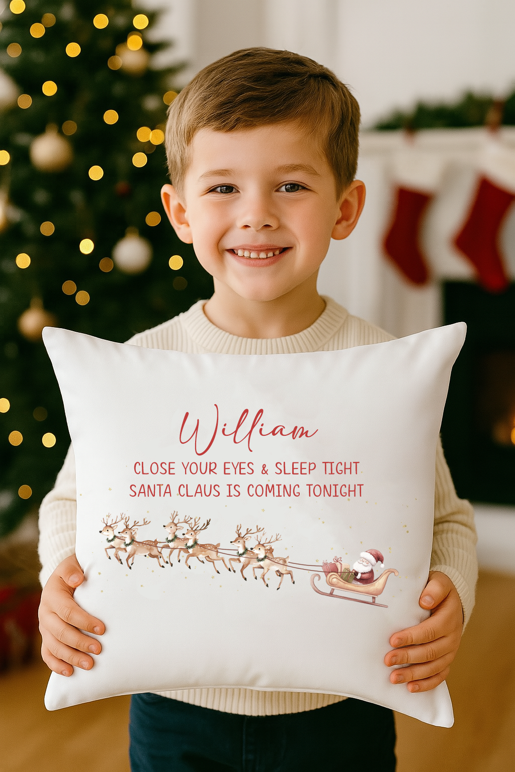 Child hugging Santa is Coming Tonight personalised cushion by Christmas tree.