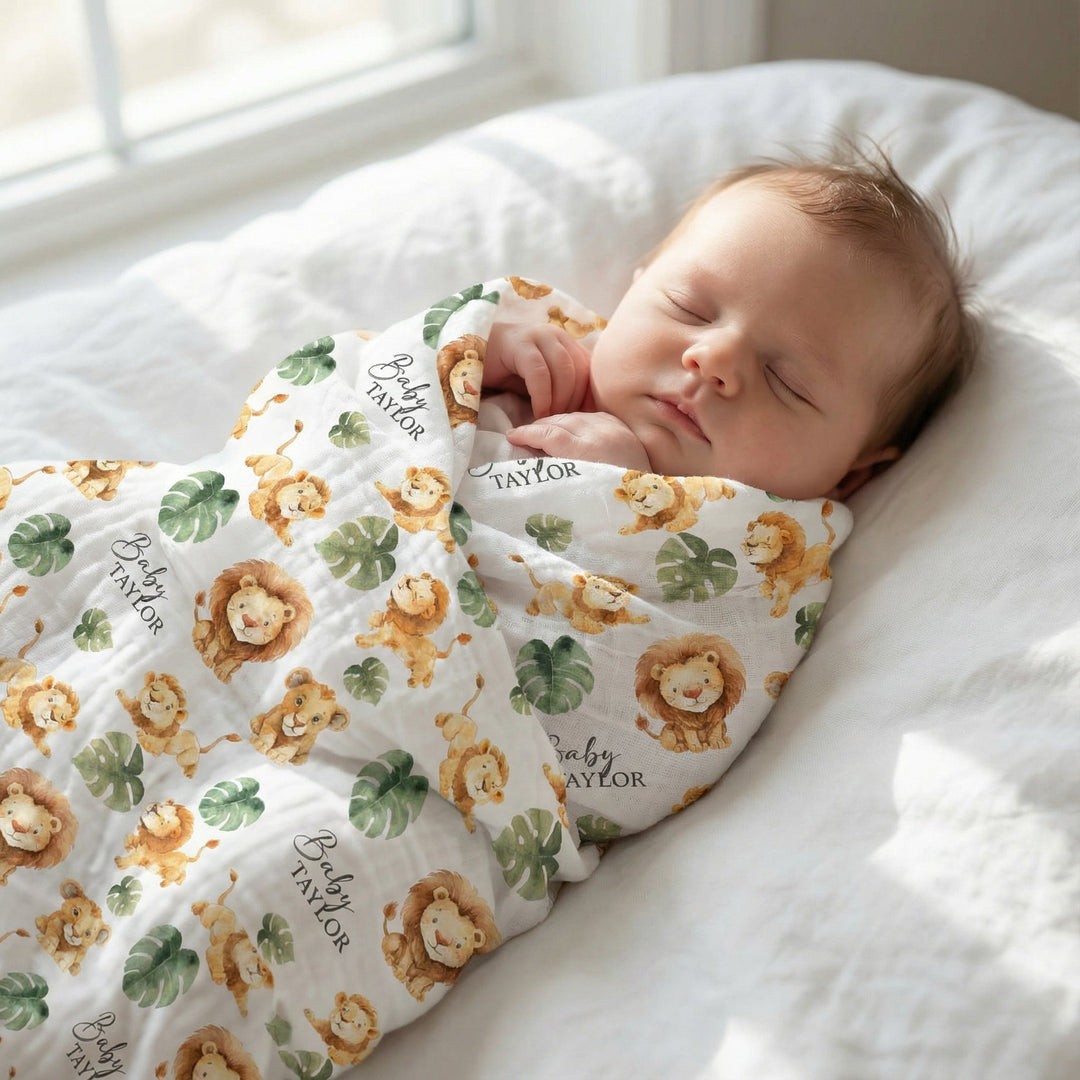 Personalised custom muslin swaddle wrap with baby name, soft breathable fabric, 120x120cm newborn blanket