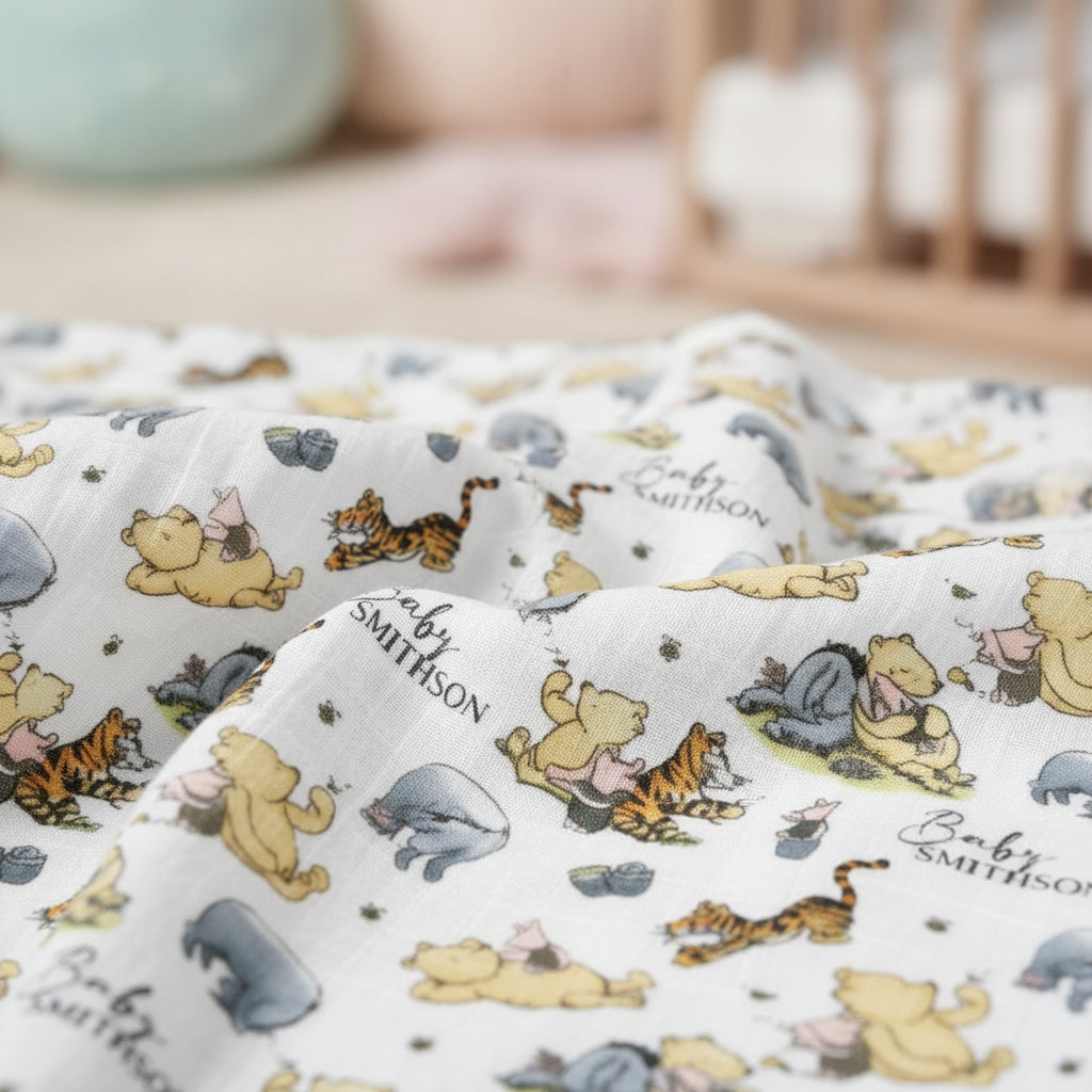 Personalised custom muslin swaddle wrap with baby name, soft breathable fabric, 120x120cm ideal for newborns and versatile use