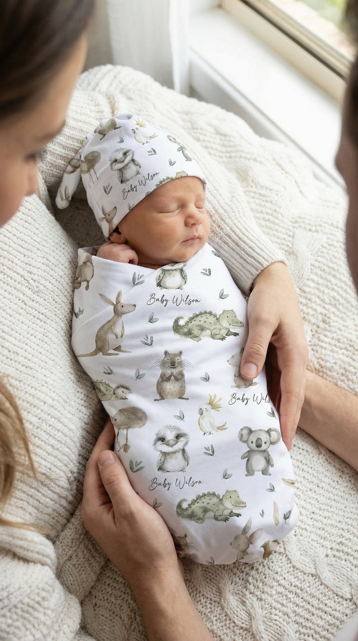 Personalised Swaddle & Beanie Set