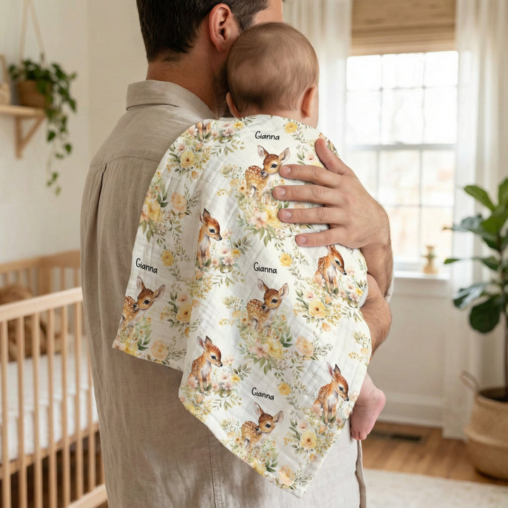 Personalised muslin swaddle wrap with baby name, soft breathable fabric, 120x120cm, perfect for newborn comfort and gifting