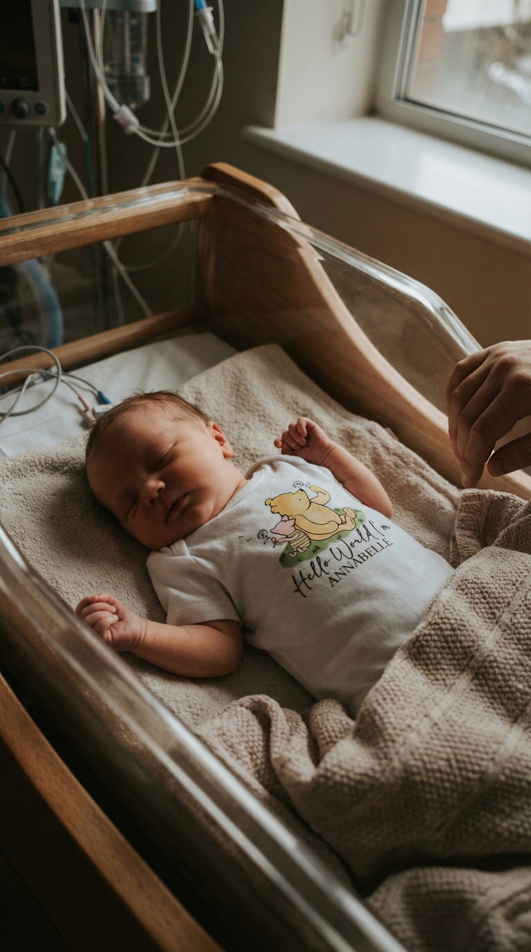 Hello World Onesie baby outfit with Winnie the Pooh design, soft cotton, breathable and stretchy fabric, open shoulder and snap closures for easy dressing and diaper changes