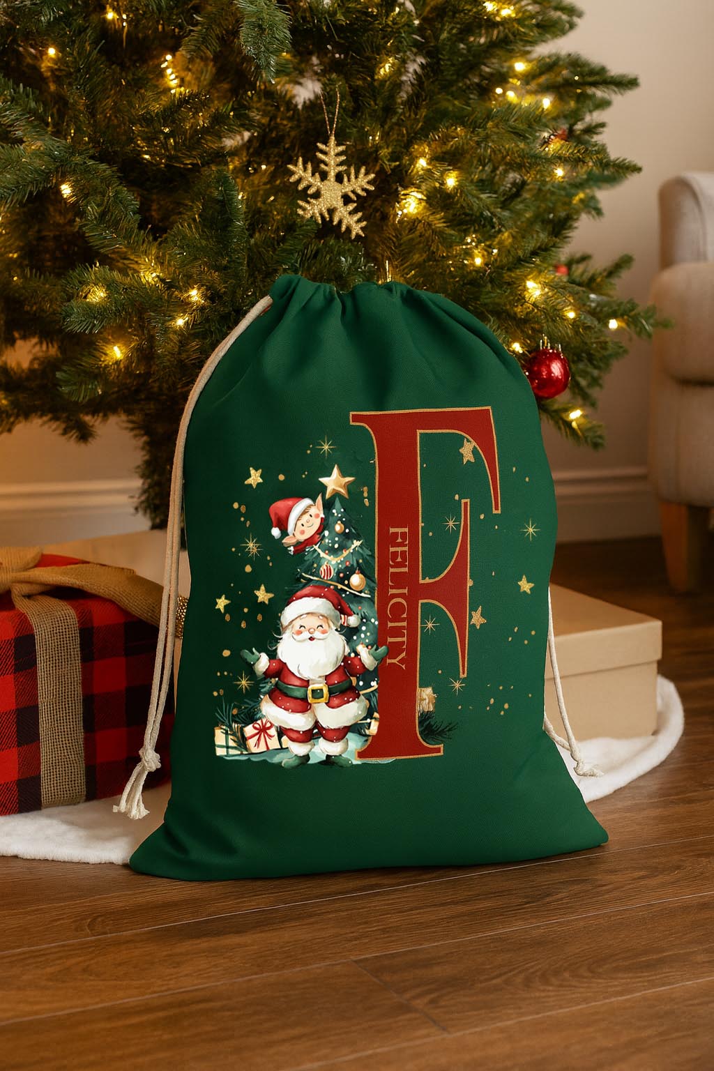 Santa and elf Christmas sack with custom name