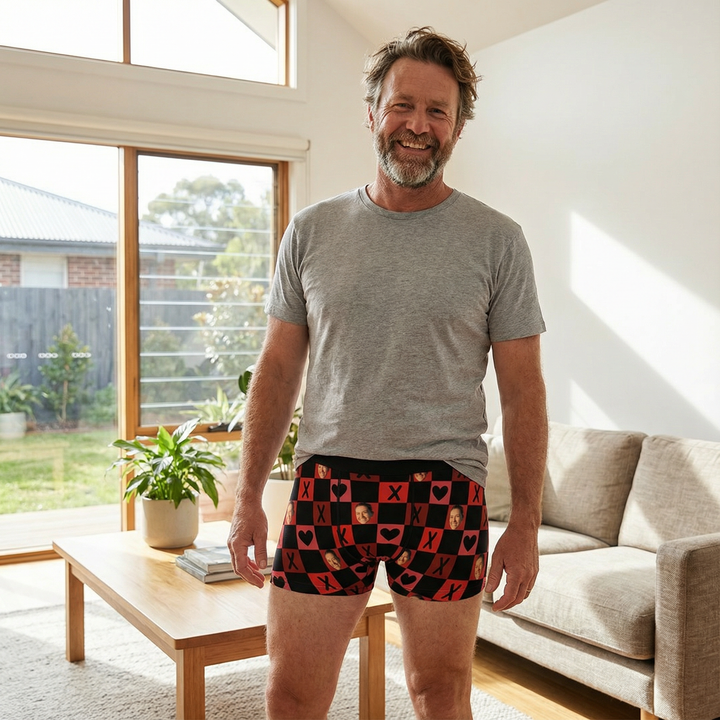 Personalised men’s underwear with custom face print in hugs and hearts design