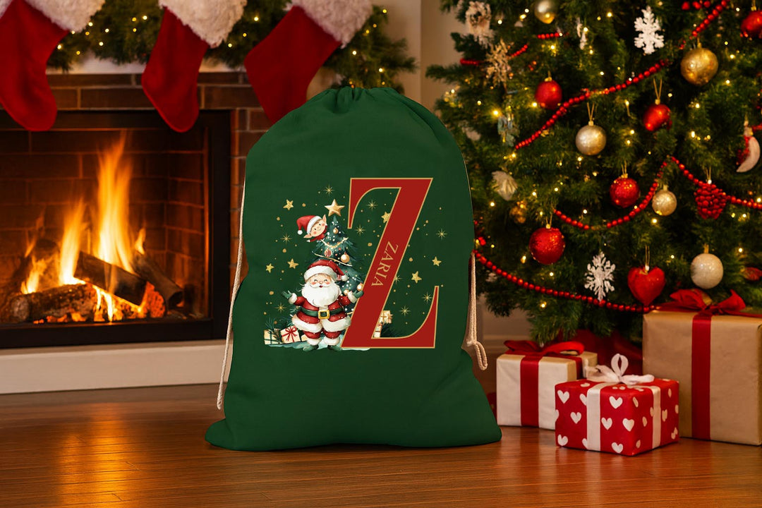 Custom holiday drawstring bag with Santa design next to Christmas presents