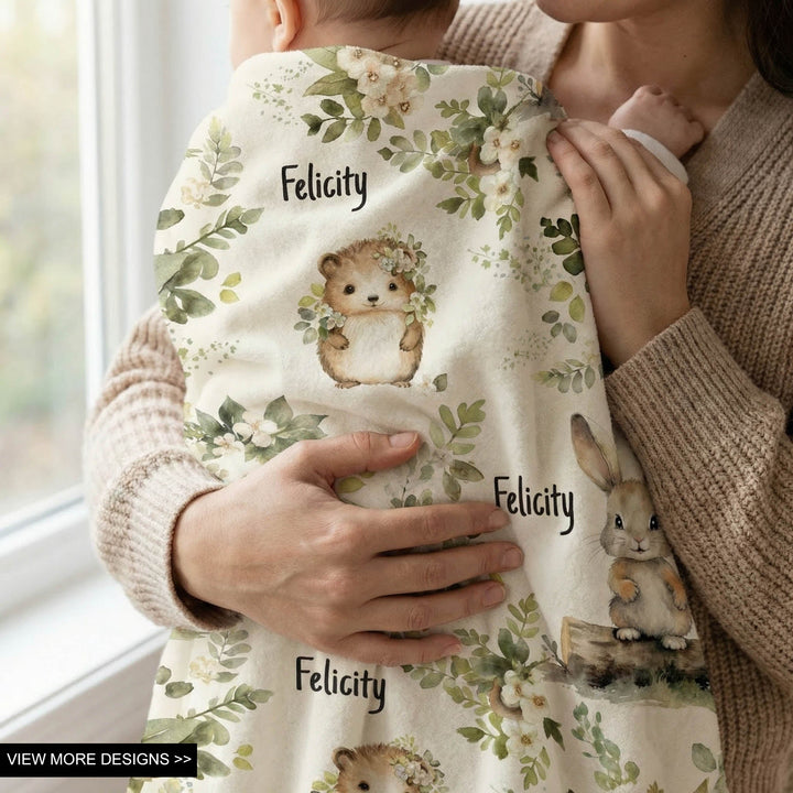 Soft personalised baby blanket with custom edge-to-edge print and plain white reverse side for baby comfort and gifts
