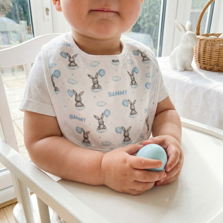 Personalised Easter baby bib with velcro closure and soft cotton backing for babies