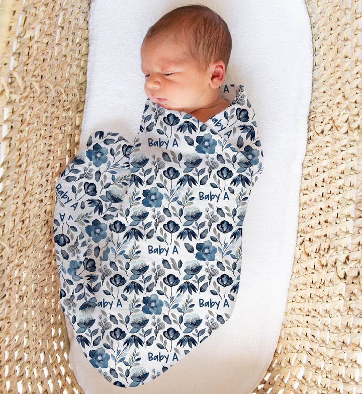 Personalised muslin swaddle wrap with baby name, soft breathable fabric, 120x120cm, gentle for newborns, machine washable