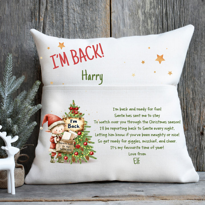 I’m Back Christmas Cushion with pocket for Elf on the Shelf – personalised holiday decor