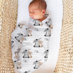 Personalised custom muslin swaddle wrap with baby name, soft breathable fabric, 120x120cm size for newborns and babies