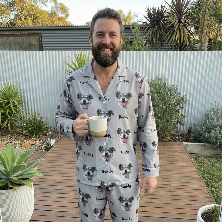 Man wearing dog-themed pajamas 