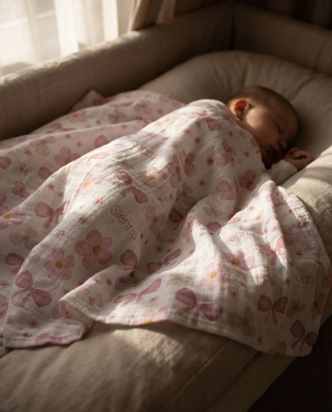 Personalised muslin swaddle wrap with baby name, soft breathable fabric, 120x120cm size for newborns and babies