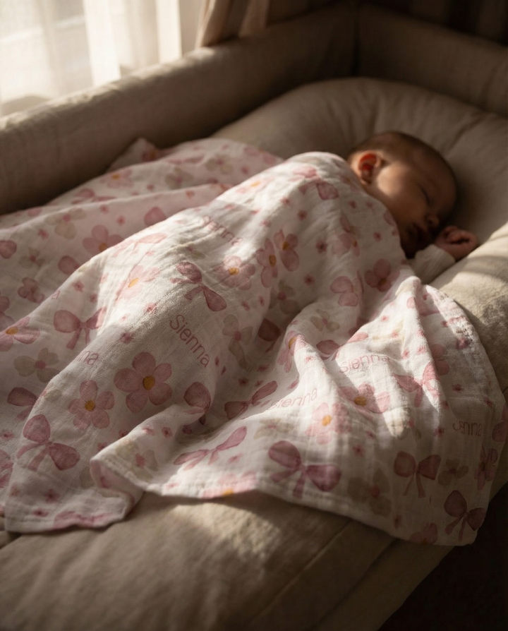 Personalised muslin swaddle wrap with baby name, soft breathable fabric, 120x120cm size for newborns and babies