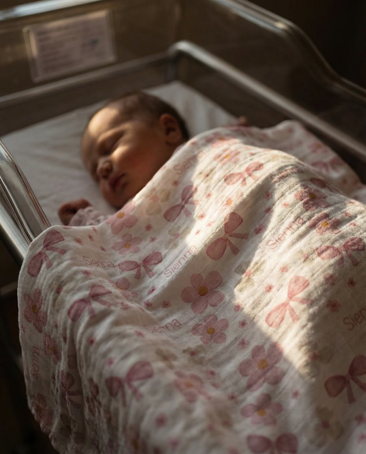 Personalised muslin swaddle wrap with baby name, soft breathable fabric, 120x120cm size for newborns