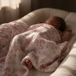 Personalised muslin swaddle wrap with baby name, soft breathable fabric, 120x120cm, perfect for newborns and cuddles